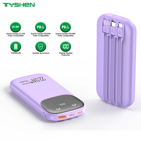 Quick Charge Power Bank 10000mAh with Cables, USB/Type-C/Lightning Cable Available