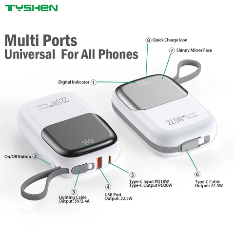 Mini-Size Power Bank 10000mAh, Quikck Charge With Type-C & Lightning Cable